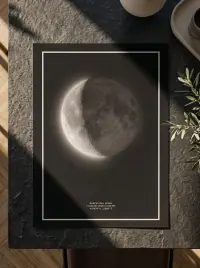 Personalised moon phase print in the ink black theme on a stone table in afternoon light