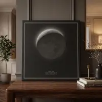 Personalised square moon phase canvas of a crescent moon on a wooden console table