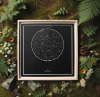 Woman with a dog and a starrymaps.com print on the wall.