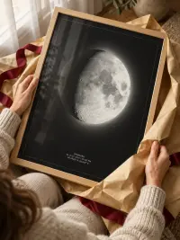 Moon phase print in a natural wood frame, unwrapped from gift paper
