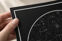 A hand holding the corner of a fine-art star map print, showing the soft texture of the matte paper