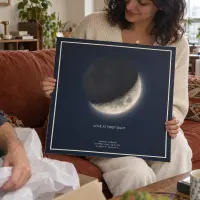 Woman on a sofa holding a square moon phase print in Midnight blue