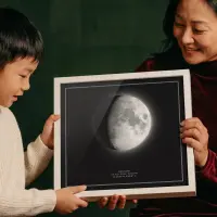 Mother and child holding a square moon phase print in a white frame
