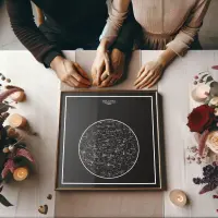 A couple holding hands in front of a starrymaps print.