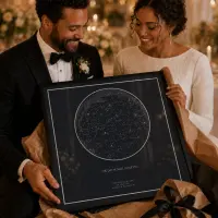 A bride and groom at their reception smiling down at a framed star map print they have just unwrapped