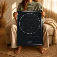 Woman sitting in a sunlit room holding a large personalised navy star map poster